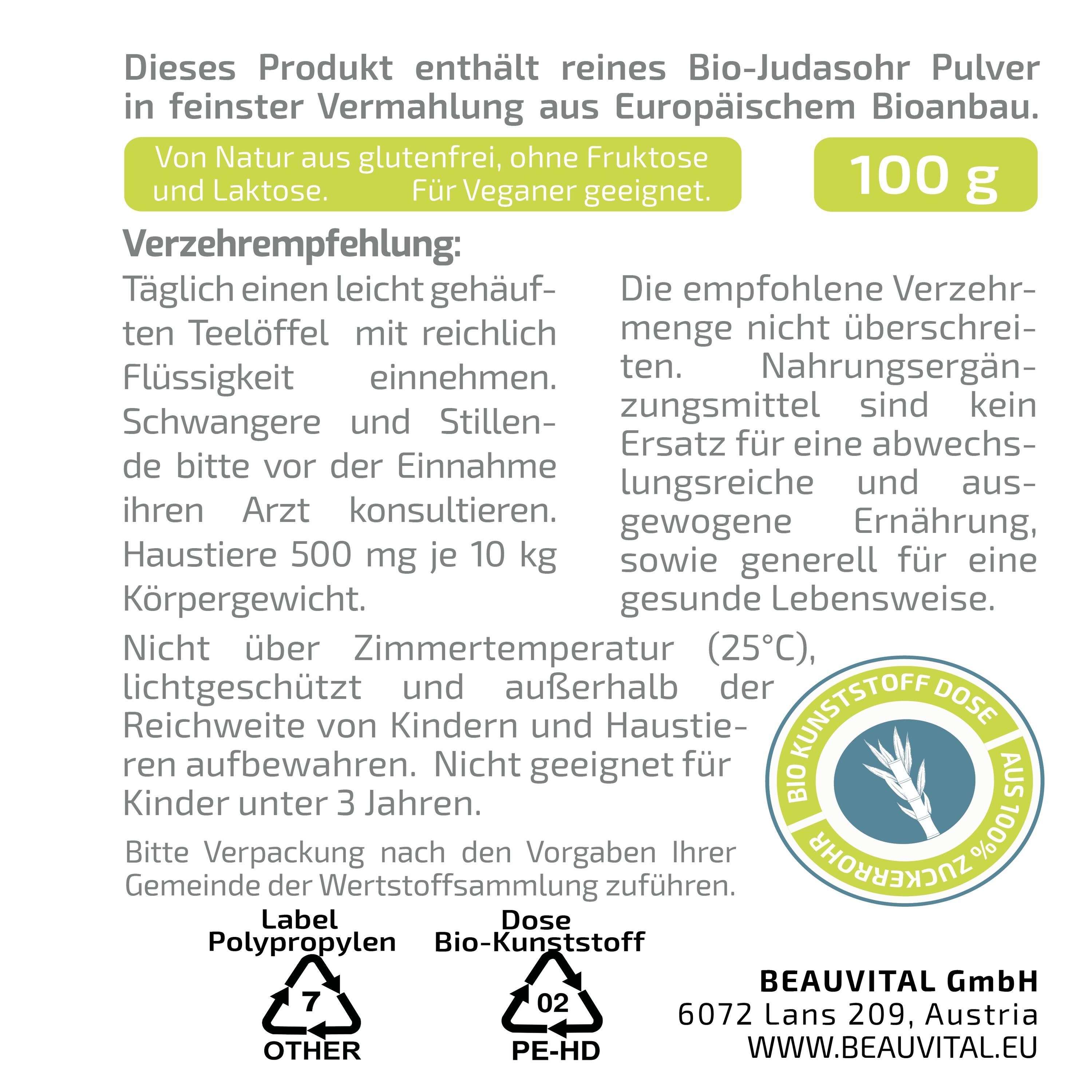 BEAUVITAL® Pure Bio Auricularia Pulver, Judasohr (Auricularia auricula-judae) aus EU-Anbau