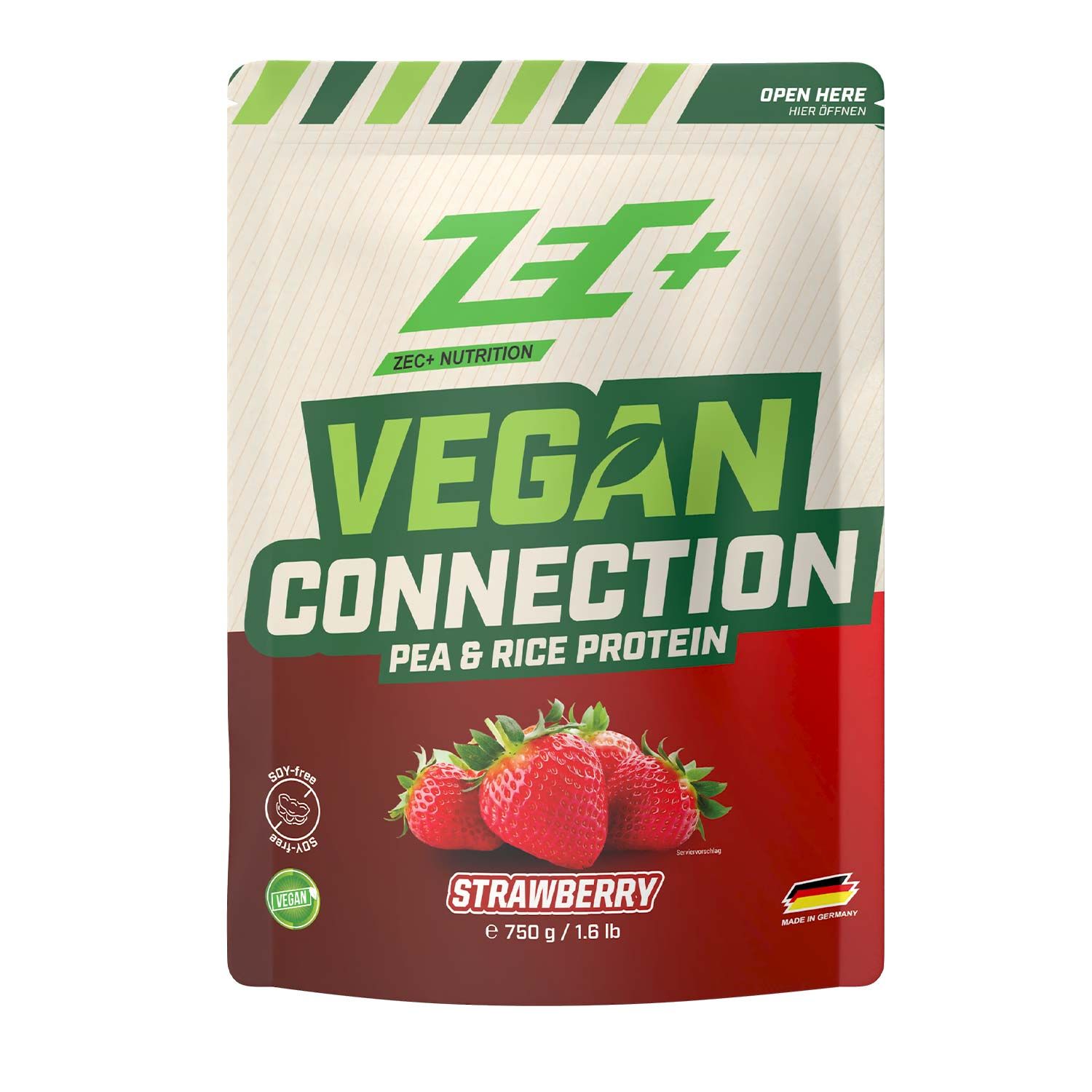 Zec+ Vegan Connection Erdbeere. Beutel mit Logo und Text. Erdbeeren abgebildet. Pea & Rice Protein. 750g/1.6 lb.