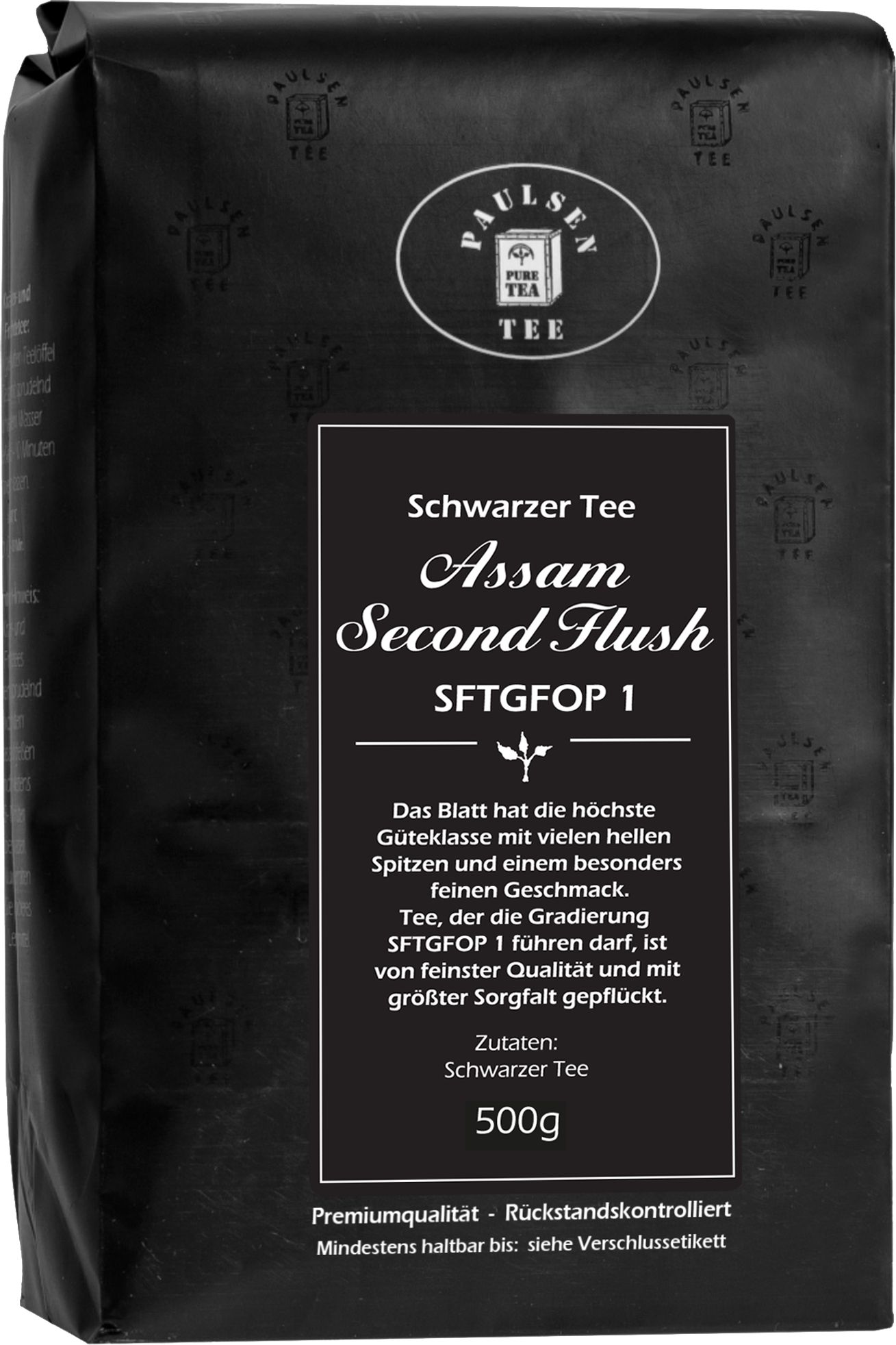 Schwarzer Tee Assam Second Flush SFTGFOP 1, 500g Packung. Schwarze Verpackung mit weißer Schrift. Paulsen Logo.