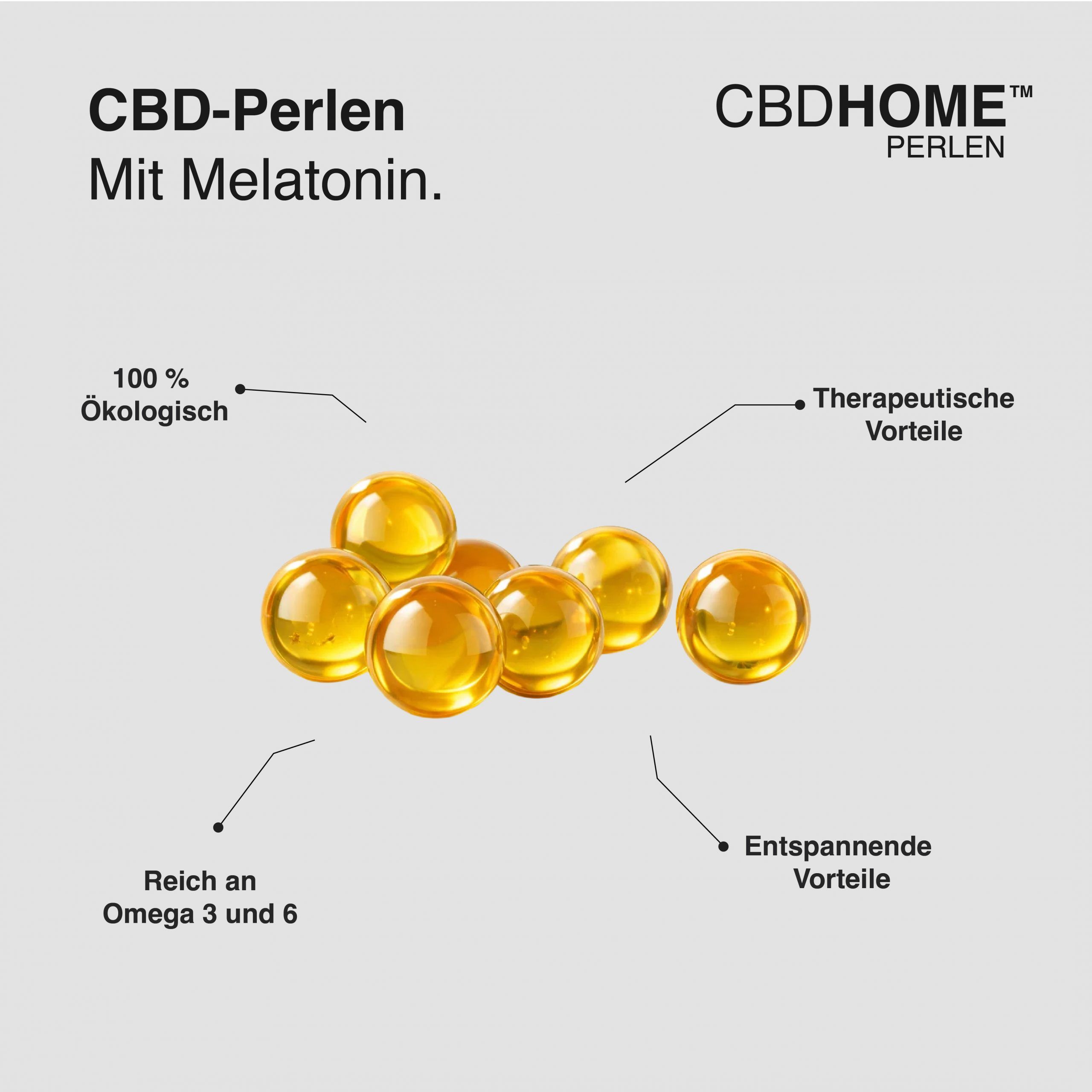 Mehrere goldene CBD-Ölperlen, umgeben von Texten über ökologische Vorteile und Omega 3/6.