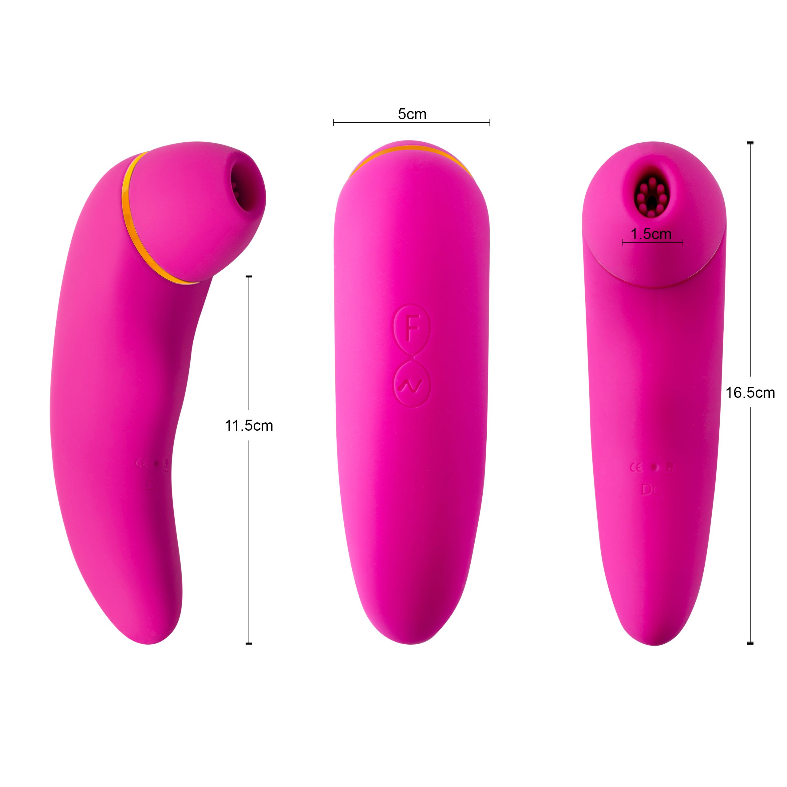 Drei Ansichten eines rosa Vibrators mit goldfarbenen Akzenten. Abmessungen: 16,5 cm, 11,5 cm und 5 cm.
