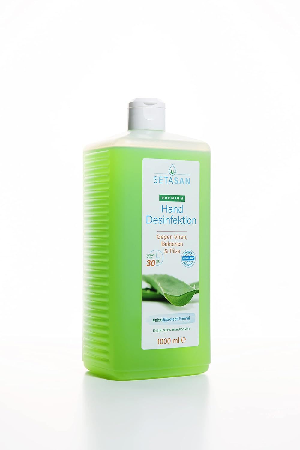 Grüne Flasche SETASAN Premium Handdesinfektion. Etikett mit Produktinformationen und Aloe Vera-Motiv. 1000 ml.