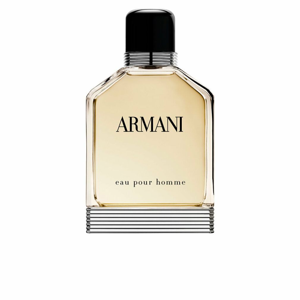 Giorgio Armani Eau pour Homme. Eckige Glasflasche mit schwarzem Verschluss. Silberne und schwarze Streifen am Boden. Schriftzug Armani und eau pour homme.
