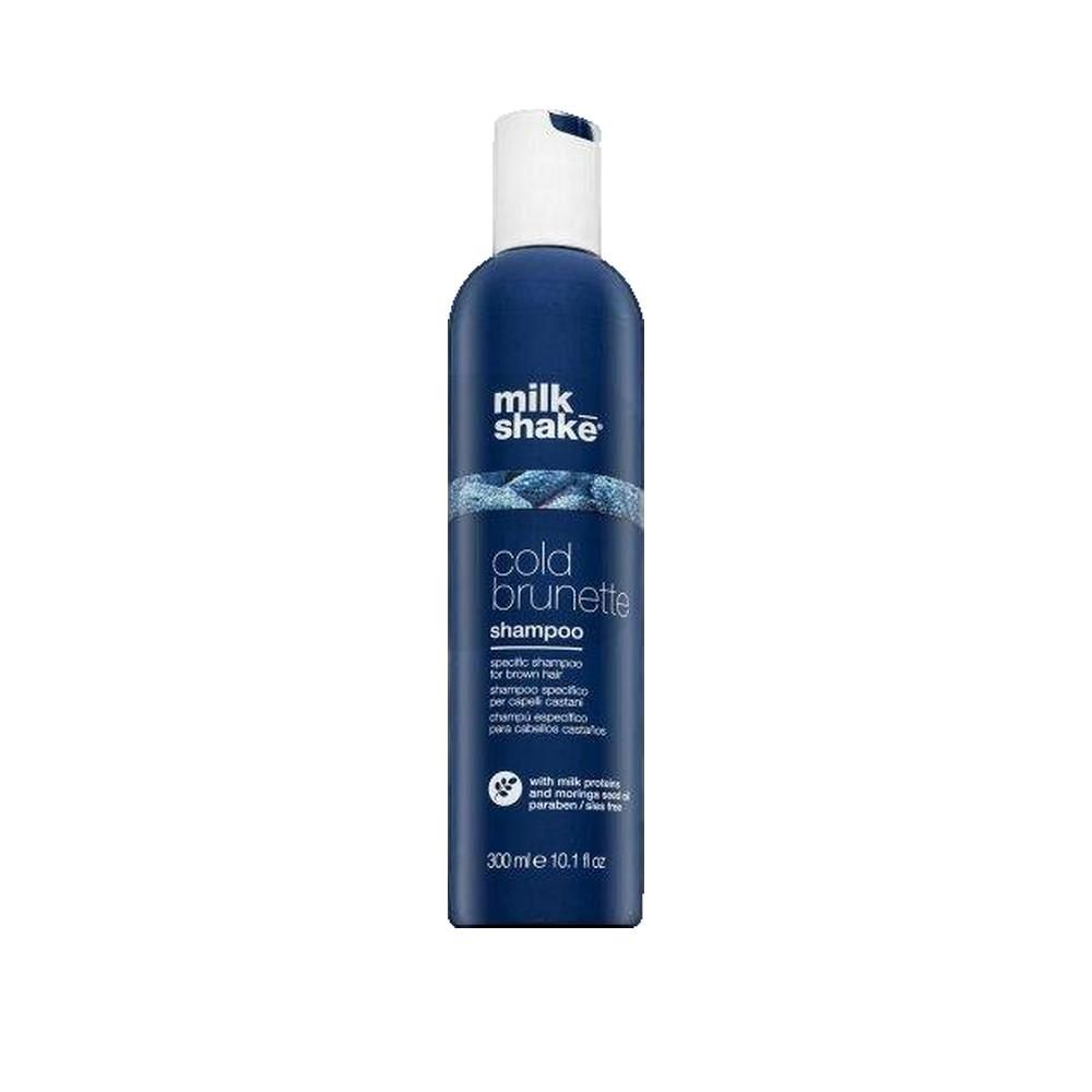 Dunkelblaue Shampoo-Flasche mit weißem Deckel. Aufschrift: Milk Shake, Cold Brunette Shampoo. 300ml.