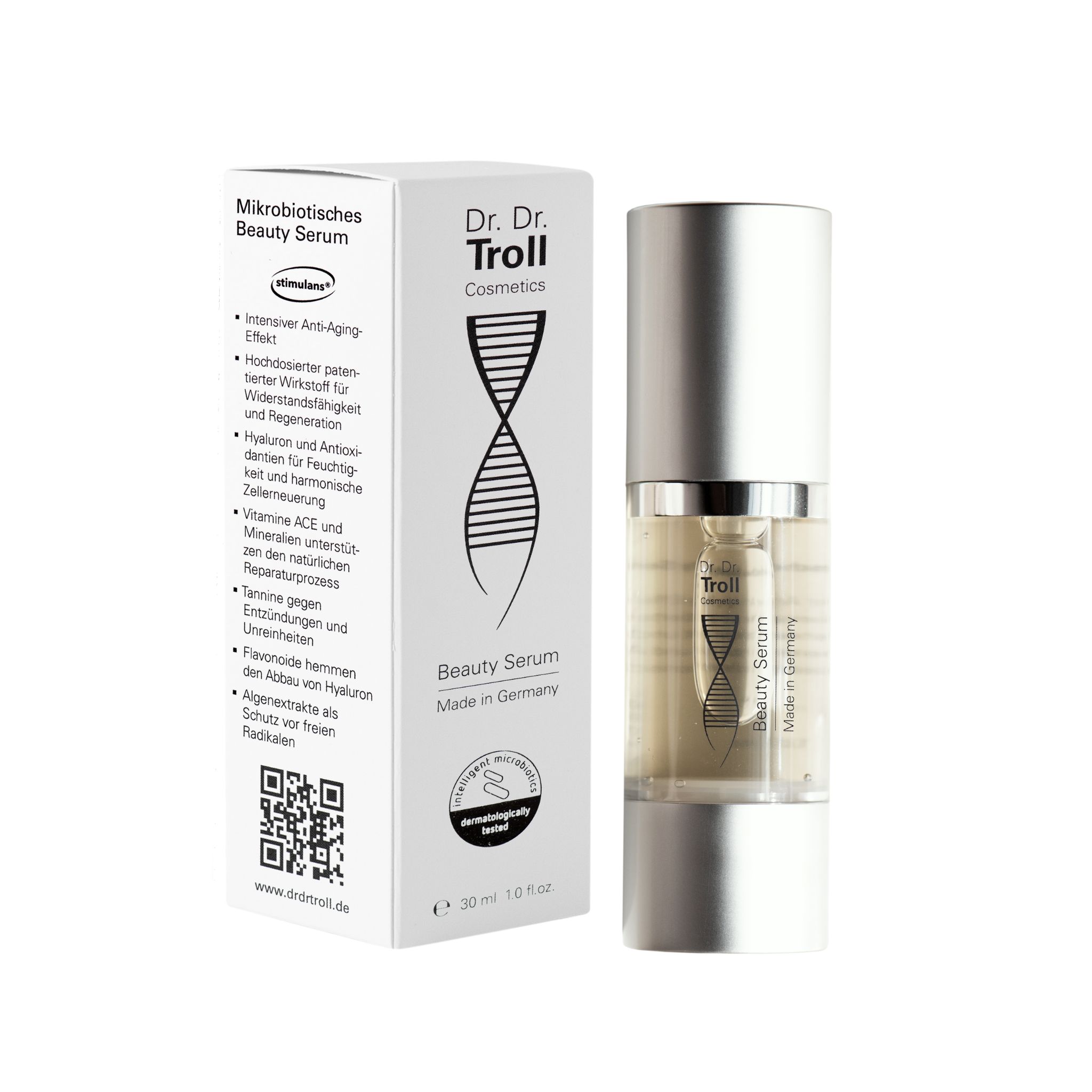 Dr. Dr. Troll Beauty Serum und Verpackung. Weißer Karton mit Produktinformationen. Serumflasche mit silbernem Deckel.