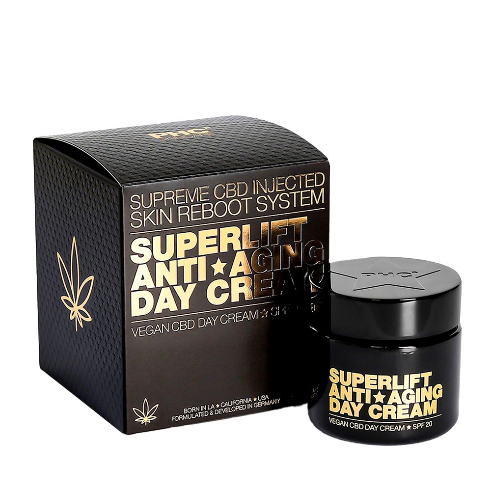 Schwarze Schachtel und Tiegel mit goldfarbenem Text: Superlift Anti-Aging Day Cream. Cannabis-Logo.