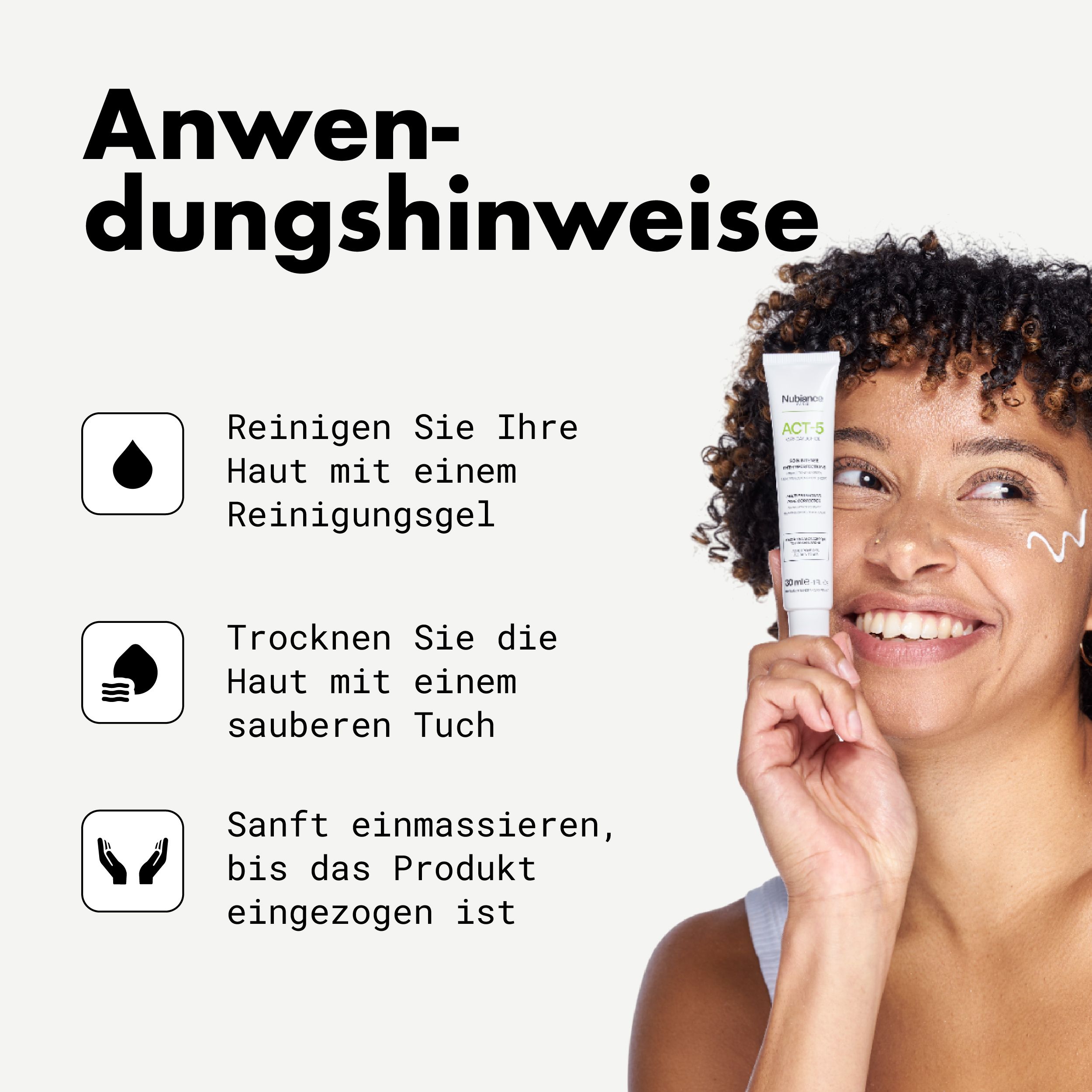 Frau mit Produkt-Tube. Text: Anwendungshinweise. Icons und Text beschreiben Schritte.