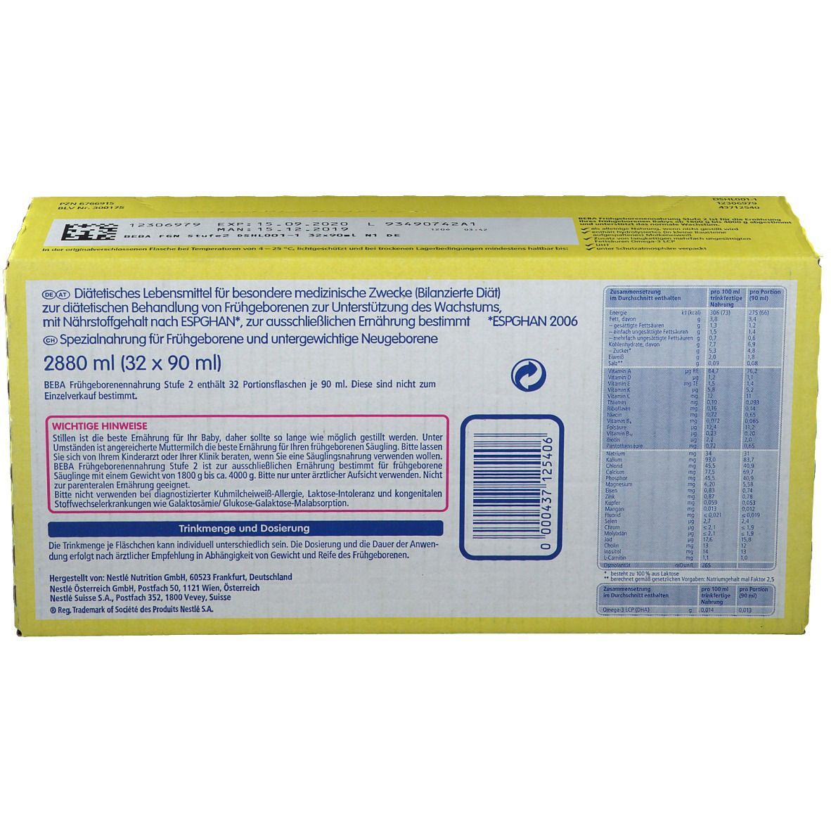 Rückseite der gelben Verpackung Nestlé BEBA Frühgeborenen Nahrung Stufe 2. Textinformationen, Barcode und Nährwertangaben.