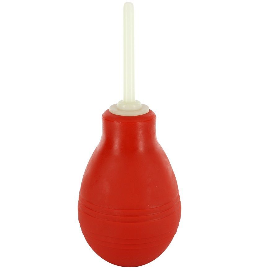 Roter Anal-Douche-Ballon mit weißer Spitze. Birnenförmig, mit geriffelter Oberfläche.