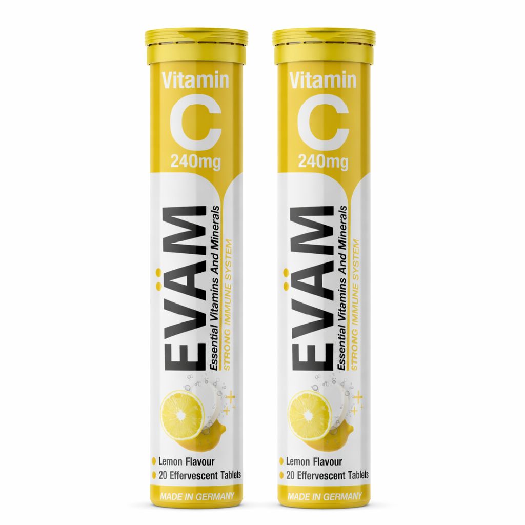 Zwei gelbe Röhrchen mit EVÄM Vitamin C 240mg. Aufschrift: Lemon Flavour, 20 Brausetabletten. Hergestellt in Deutschland.