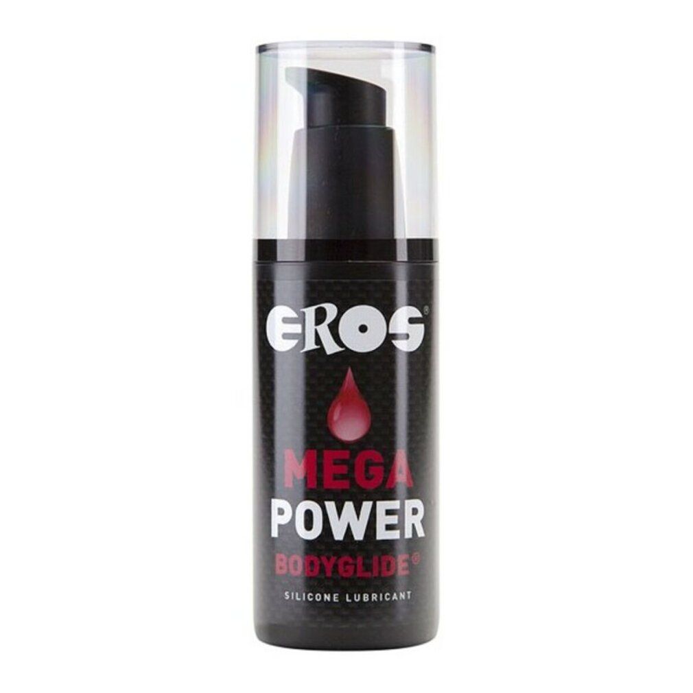 Schwarze Flasche mit Dosierpumpe. Aufschrift: EROS, MEGA POWER, BODYGLIDE. Roter Tropfen-Grafik. Silikon-Gleitmittel.