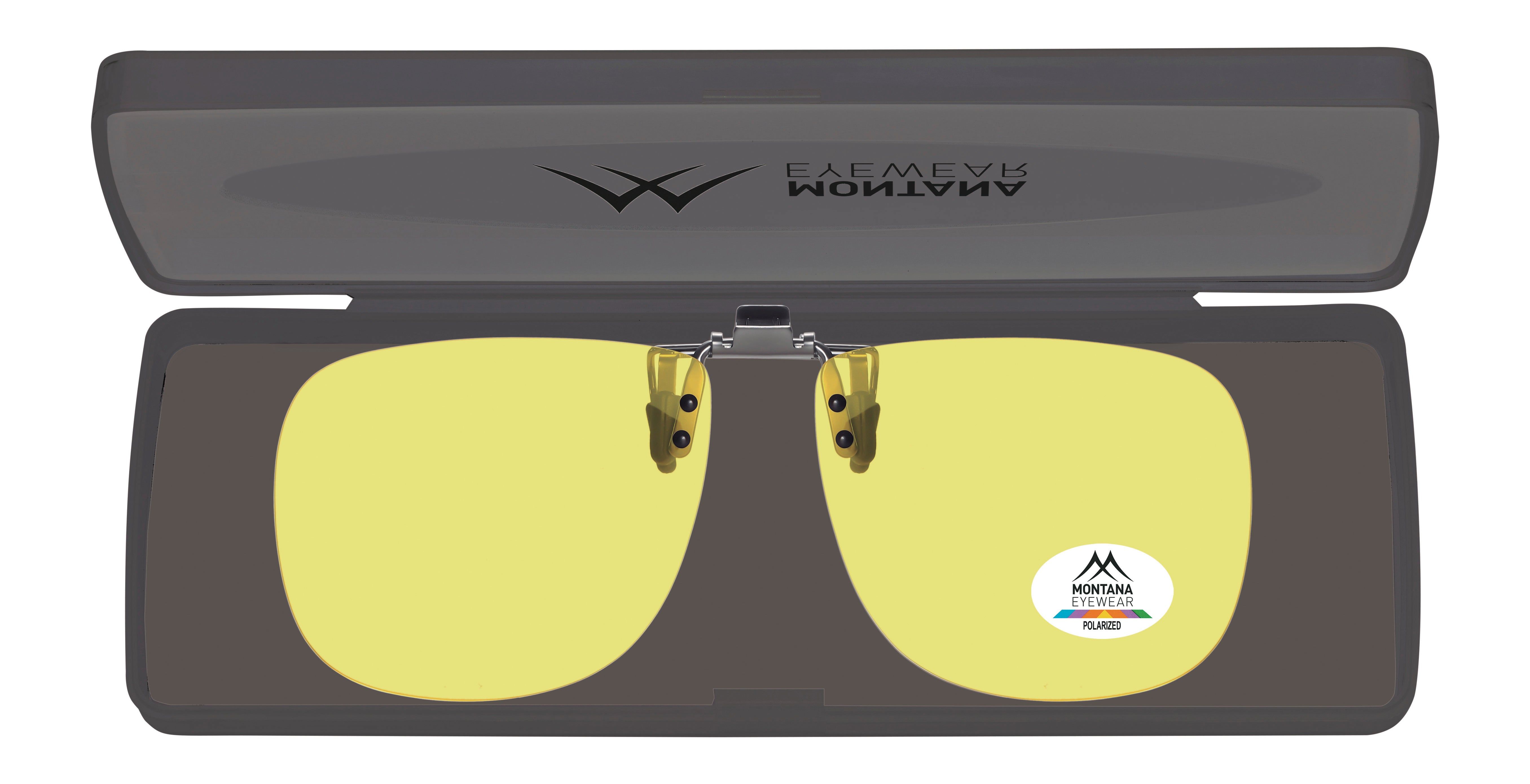 Gelbe Clip-on-Sonnenbrille in einem grauen Etui. Montana Eyewear Logo und polarisiertes Label.