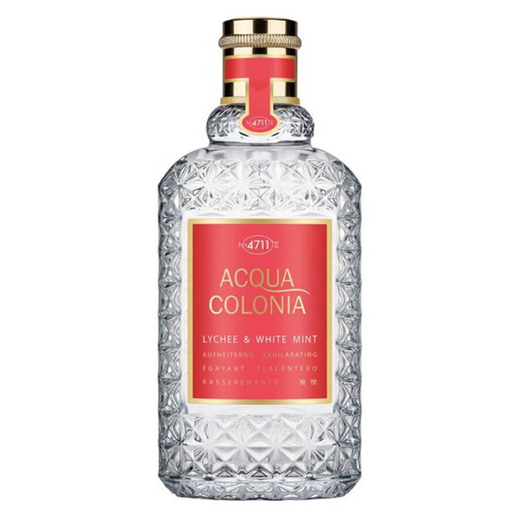 Acqua Colonia Lychee & White Mint Eau de Cologne Flasche mit rotem Etikett und goldenem Verschluss.