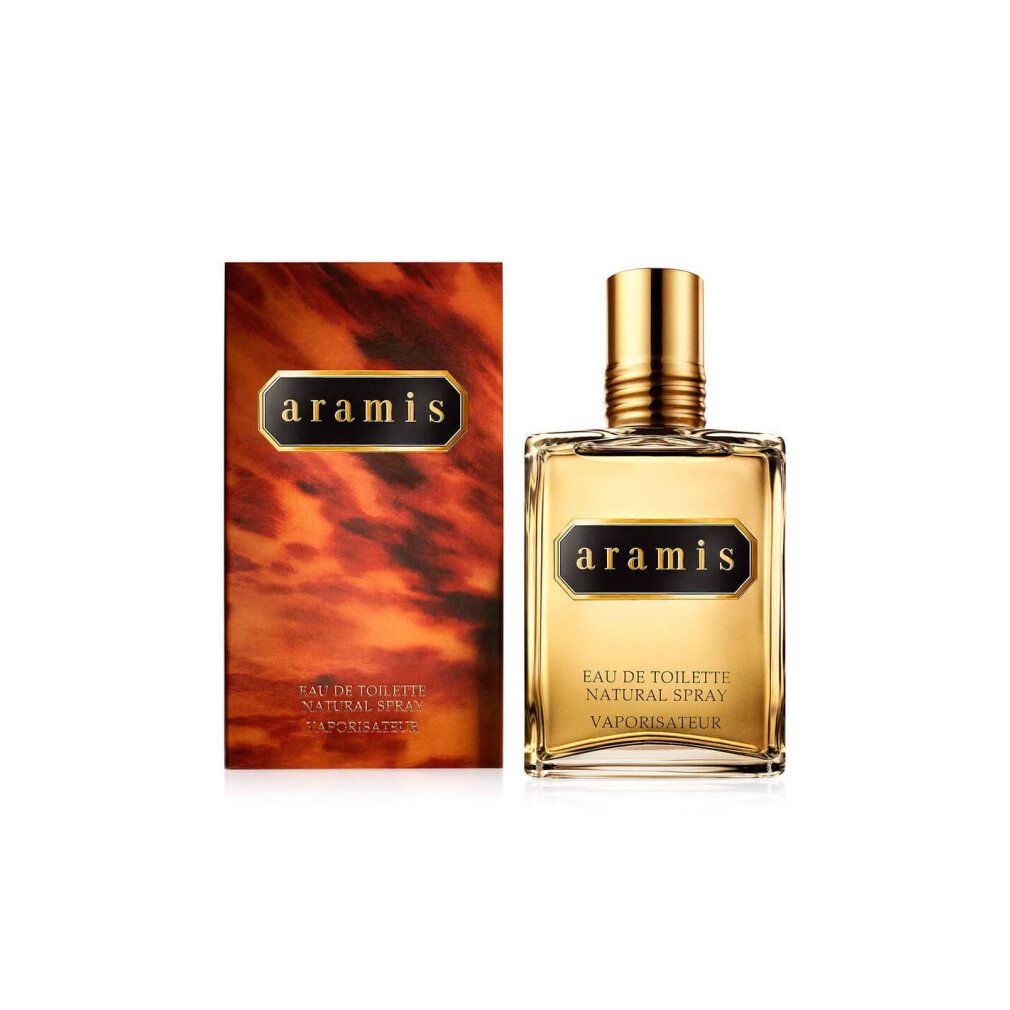 Aramis Classic Edt Spray. Flakon und Verpackung. Rechteckiger Flakon mit goldfarbenem Verschluss. Verpackung mit braunem Muster.