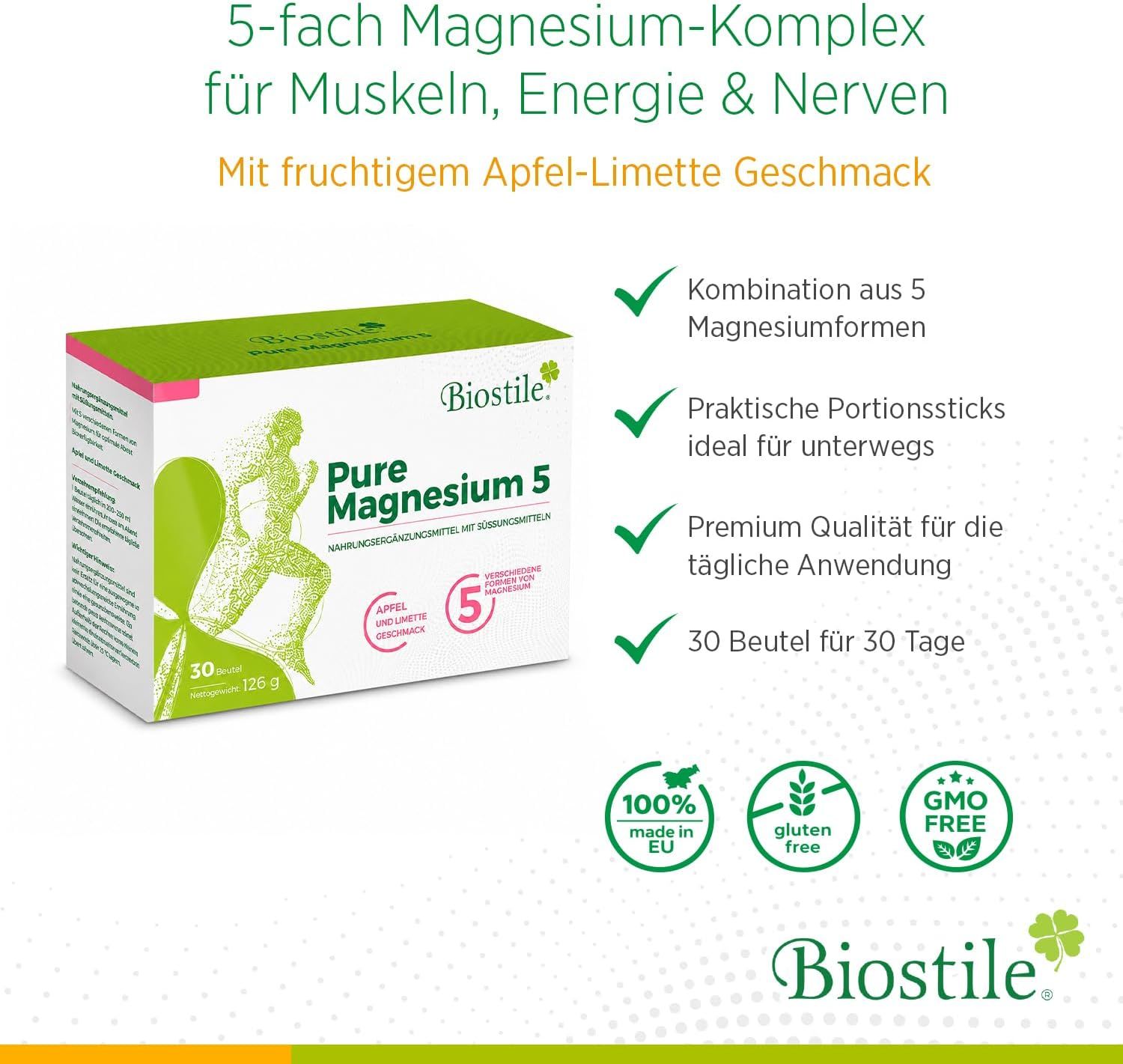 Biostile Pure Magnesium 5 Packung mit 30 Sticks, mit Icons für Muskeln, Energie und Nerven, Made in EU.