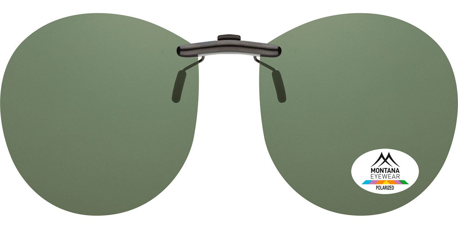 Clip-on-Sonnenbrille mit runden Gläsern. Dunkler Rahmen, grüne Gläser. Logo und Schriftzug 'POLARIZED'.