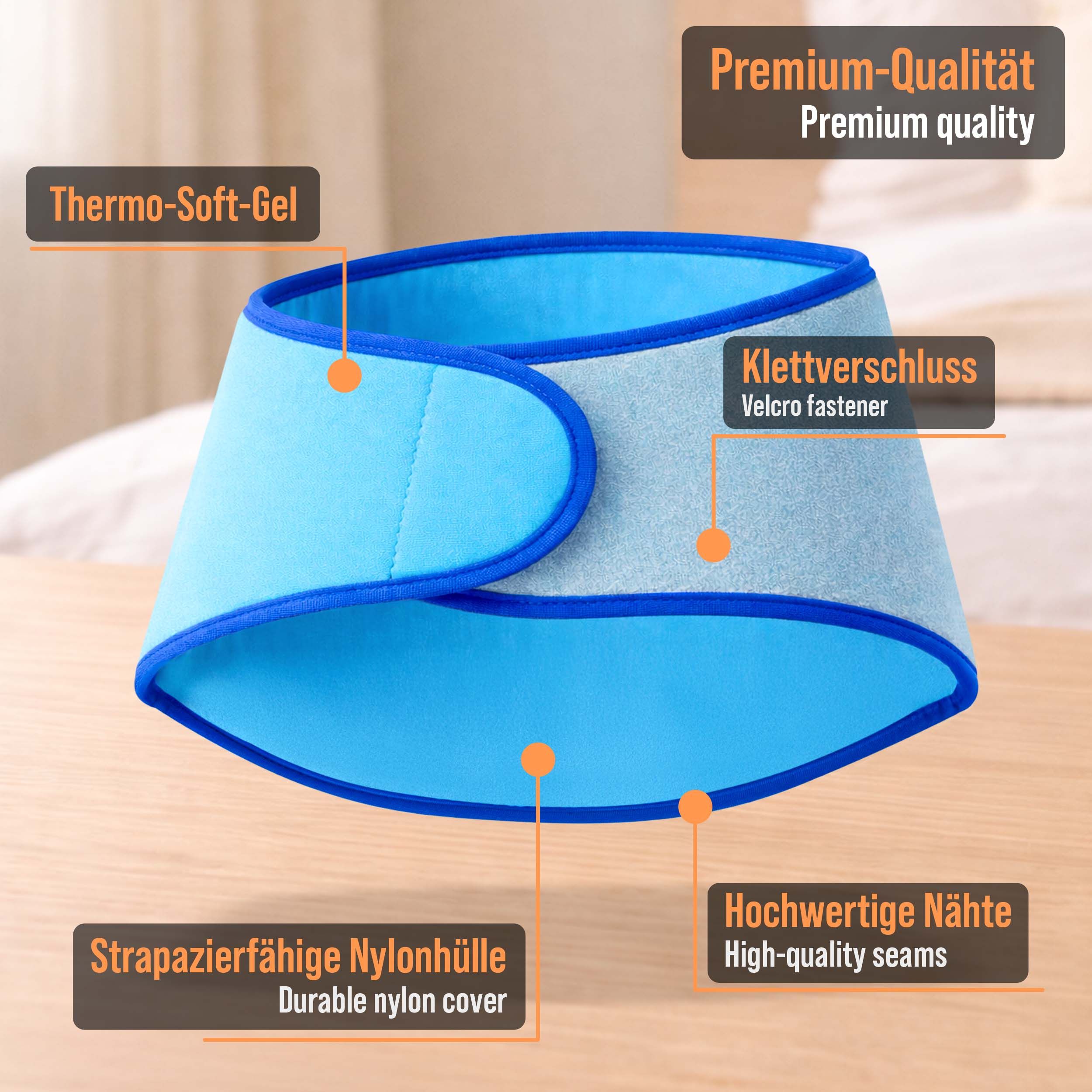 Blaues Nackenkissen mit Klettverschluss. Hochwertige Nähte, strapazierfähige Nylonhülle. Text: Premium-Qualität, Thermo-Soft-Gel.