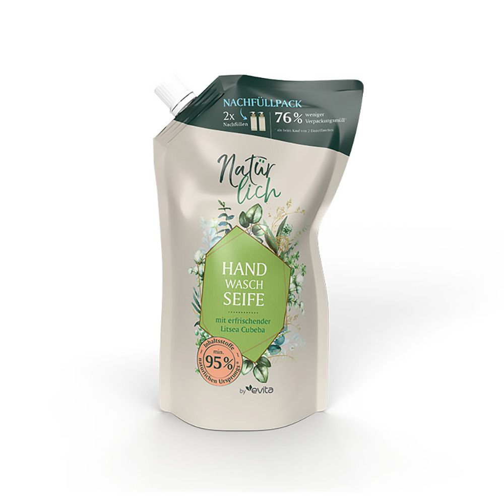 Nachfüllbeutel für Handwaschseife. Beige-grüne Verpackung mit Produktnamen und Inhaltsangabe. 95% Inhaltsstoffe natürlichen Ursprungs.