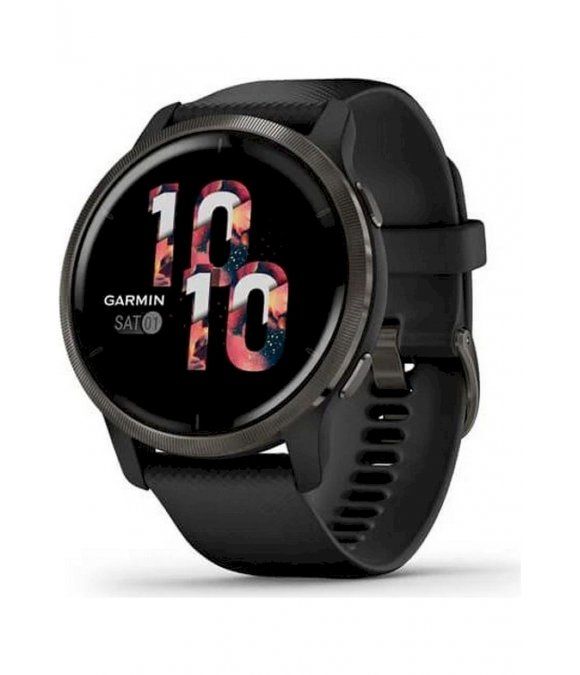 Schwarze Fitnessuhr mit rundem Zifferblatt. Das Display zeigt die Uhrzeit. Das Armband ist aus Silikon. Das Garmin-Logo ist sichtbar.