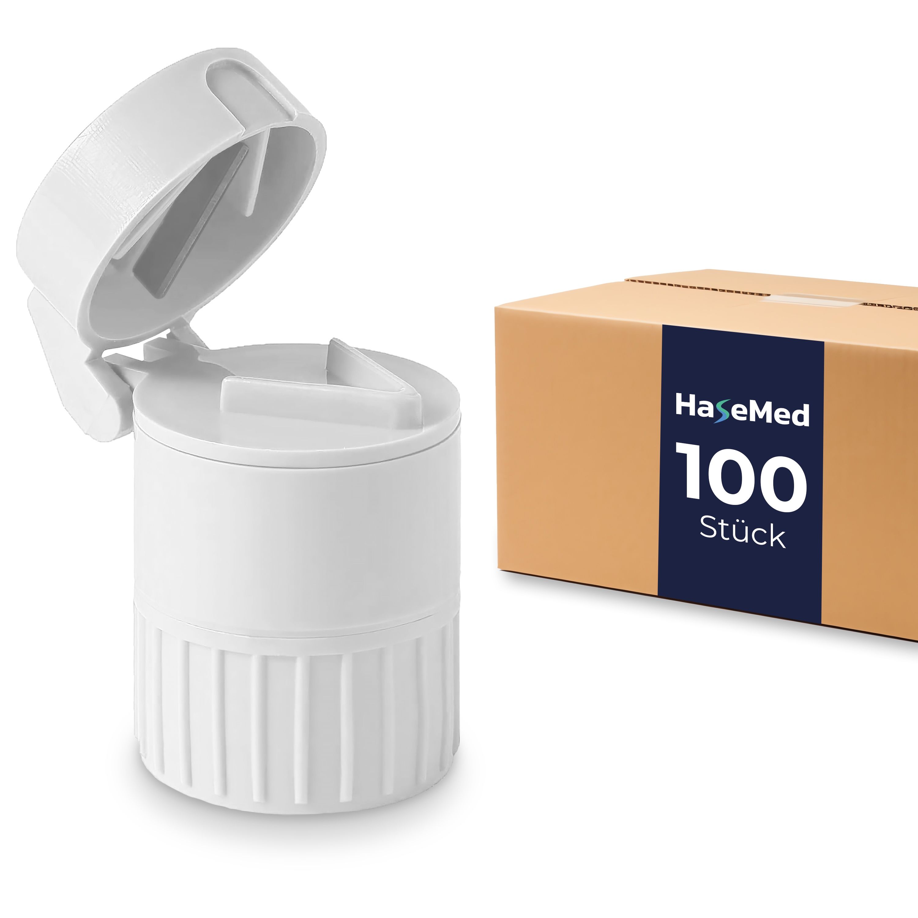 Weißer Tablettencrusher mit geöffnetem Deckel. Daneben ein Karton mit HaseMed-Logo und Aufschrift "100 Stück".