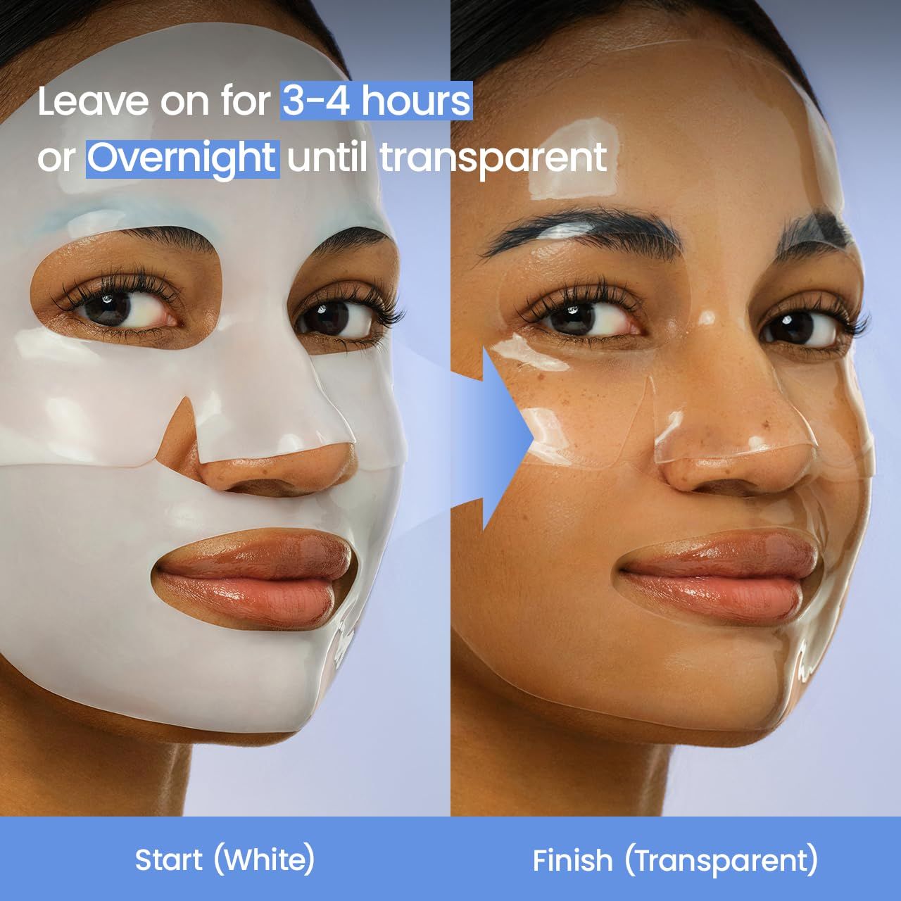 Zwei Gesichter: Eines mit weißer Maske, das andere mit transparenter Maske. Text: Leave on for 3-4 hours or Overnight.