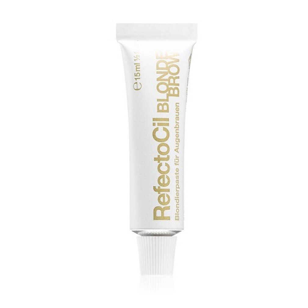 Tube mit Blondierpaste für Augenbrauen. Produktname und Schriftzug in Gold. Weißer Hintergrund.