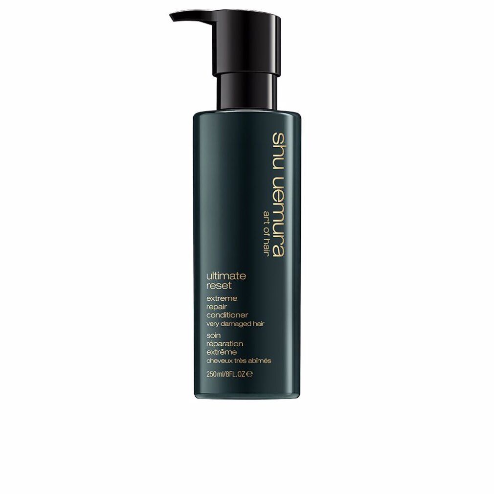 Dunkelgrüne Flasche mit Pumpspender. Shu Uemura Ultimate Reset Extreme Repair Conditioner für sehr geschädigtes Haar. 250ml.
