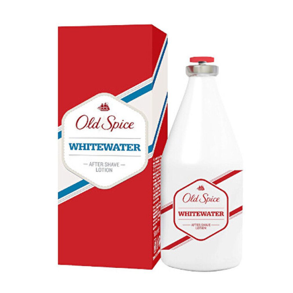Weiße Flasche und rote Verpackung. Aufschrift: Old Spice Whitewater After Shave Lotion. Rote und blaue Akzente.