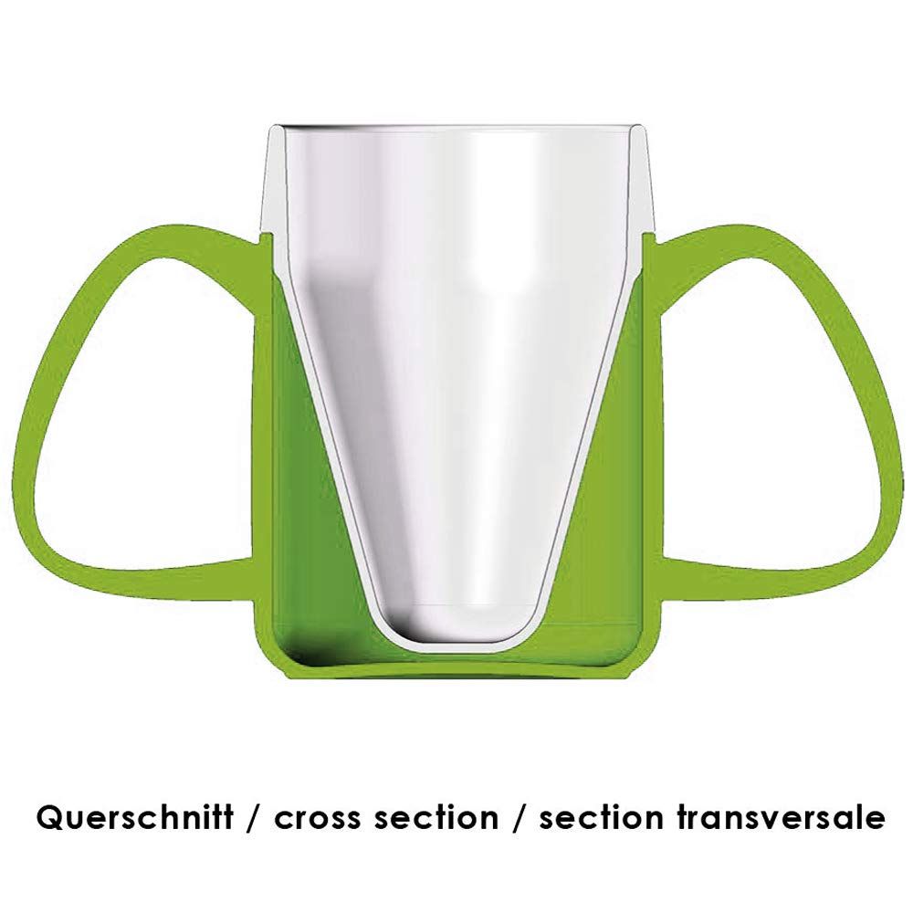 Querschnitt eines grünen Bechers mit zwei Griffen. Innen ist ein silberfarbener Becher.