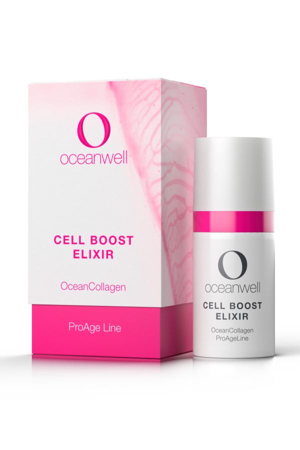 Elixier-Flasche und Verpackung. Weiß, pinkfarbene Akzente. Schriftzug: Oceanwell, Cell Boost Elixir, OceanCollagen, ProAge Line.