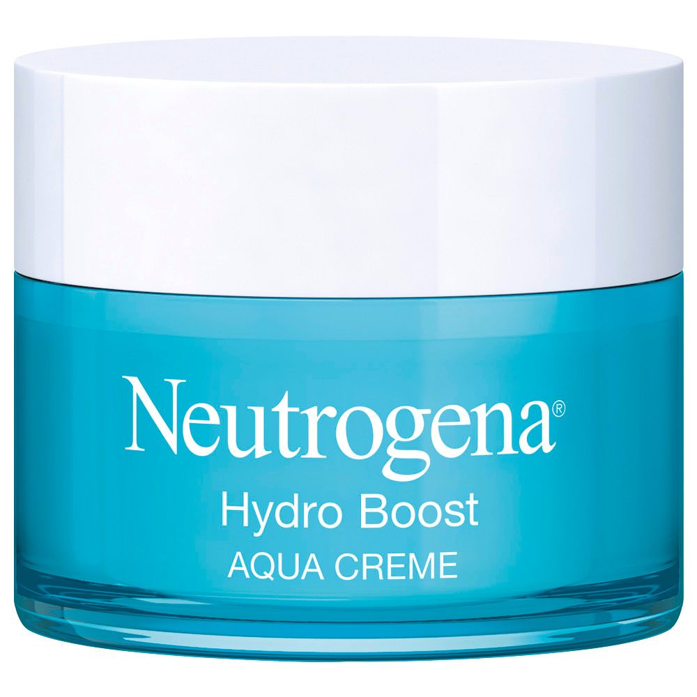 Neutrogena Hydro Boost Aqua Creme. Weiße Schachtel, Produktabbildung, blaue Akzente, Text.