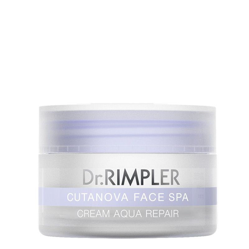 Creme-Tiegel. Aufschrift: Dr. Rimpler, Cutanova Face Spa, Cream Aqua Repair. Weißer Tiegel mit lila Deckel.