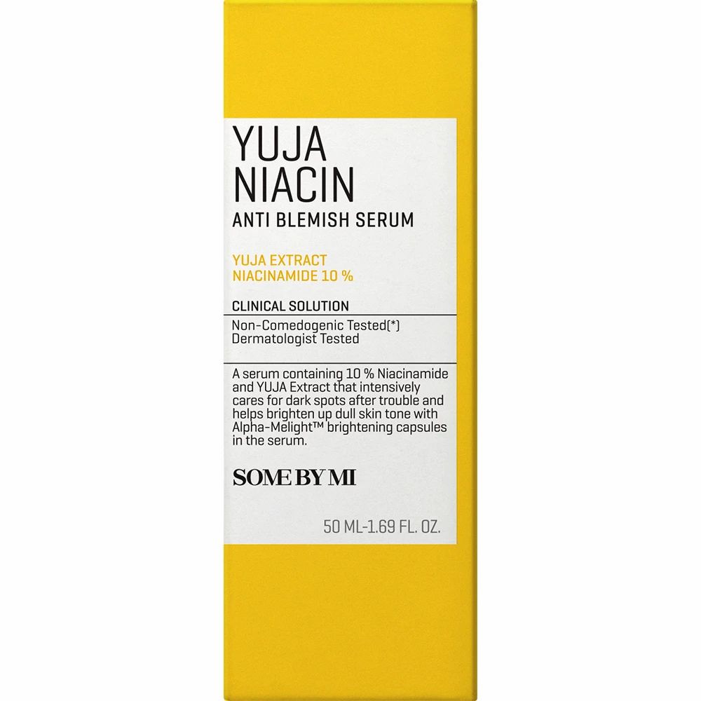 Gelbe Verpackung mit Text: Yuja Niacin Anti Blemish Serum. Enthält 10% Niacinamid.