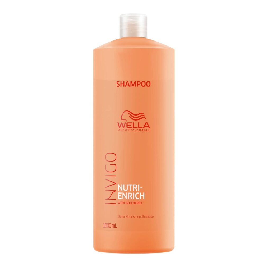 Große, orangefarbene Shampoo-Flasche mit weißem Deckel. Aufschrift: SHAMPOO, WELLA PROFESSIONALS, INVIGO, NUTRI-ENRICH, Deep Nourishing Shampoo, 1000ml.