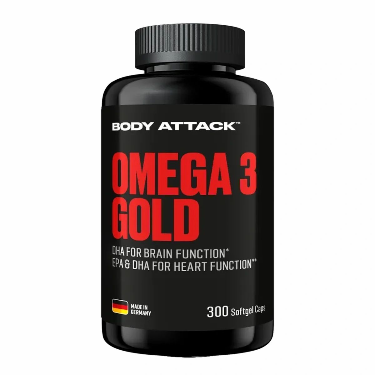 Schwarzer Behälter mit Body Attack Omega 3 Gold, 300 Softgel-Kapseln. Hergestellt in Deutschland.