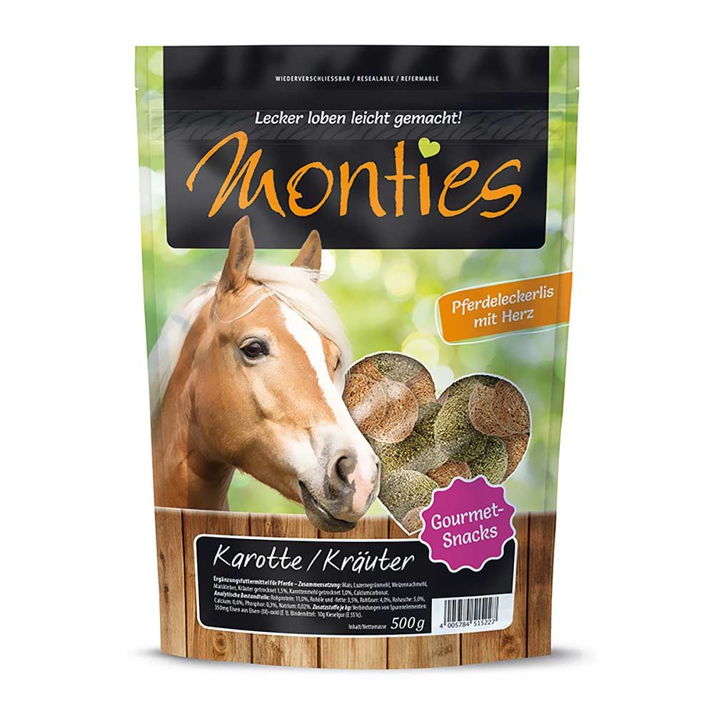 Verpackung mit Pferde-Snacks. Aufschrift: Monties, Karotte/Kräuter, 500g. Abbildung eines Pferdekopfes und Snacks.