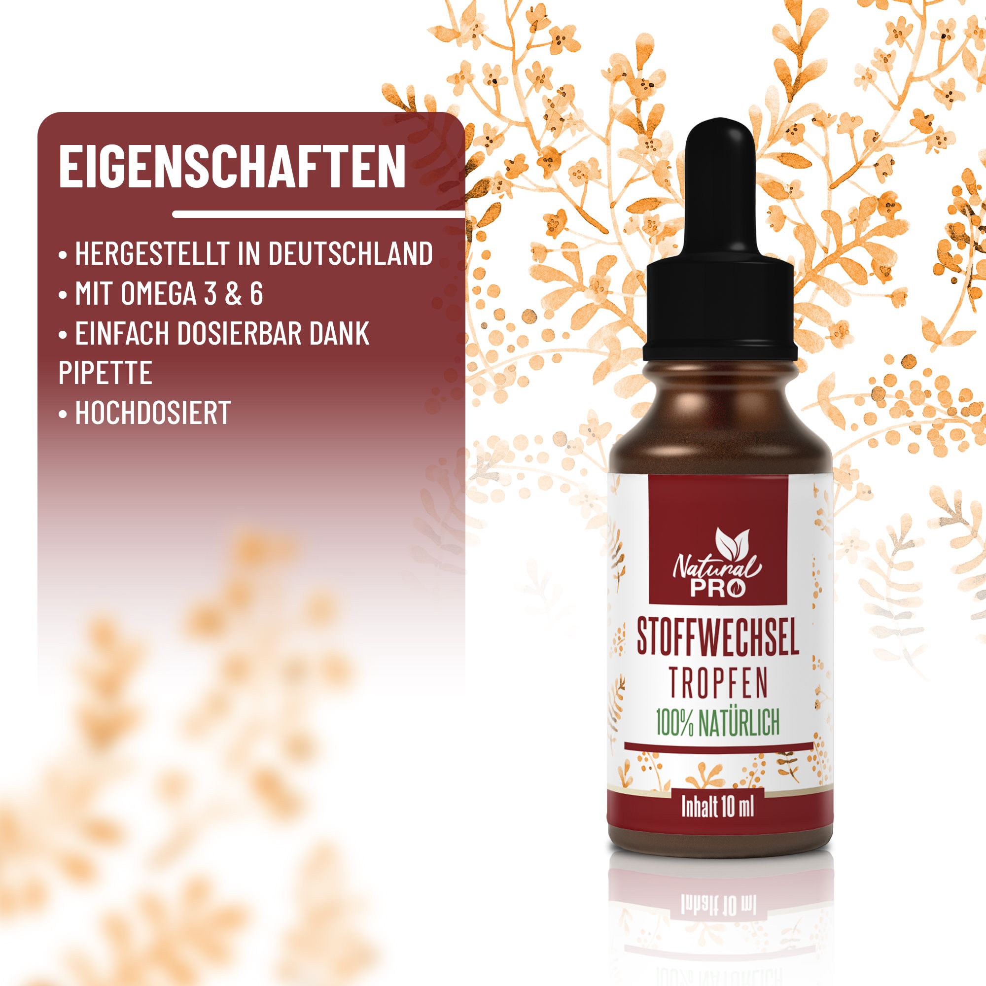 Eigenschaften: Flasche mit Tropfer neben Text. Hergestellt in Deutschland, mit Omega 3&6, einfach dosierbar, hochdosiert.