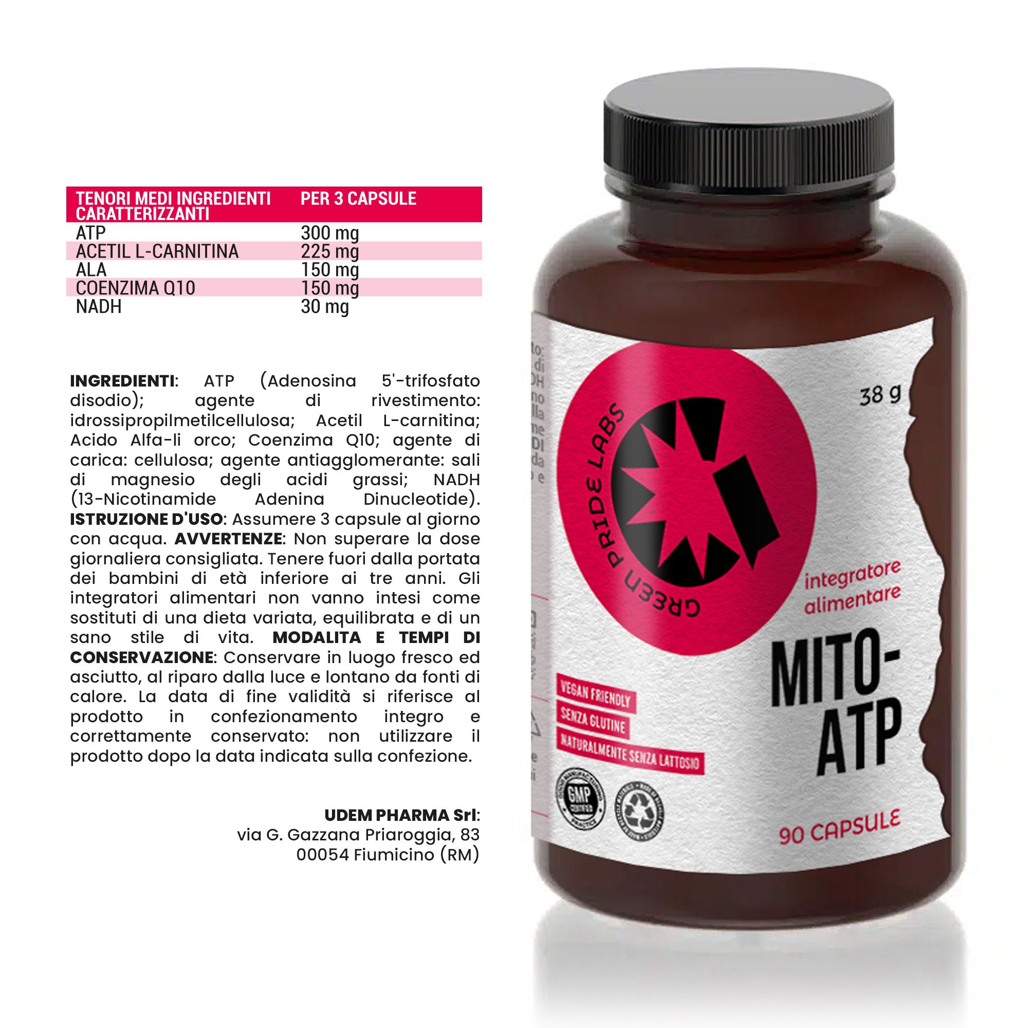 Braune Glasflasche mit schwarzem Deckel, Etikett mit rotem Stern und Text "MITO-ATP". Enthält 90 Kapseln.