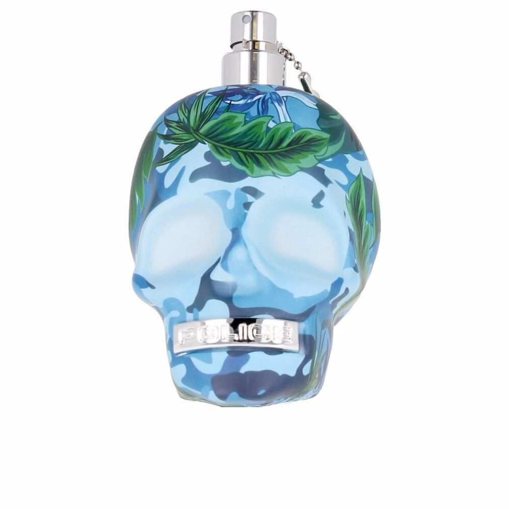 Flasche Police To Be Exotic Jungle Man Eau De Toilette Spray in Totenkopf-Form, blau-getarnt mit grünen Blättern.