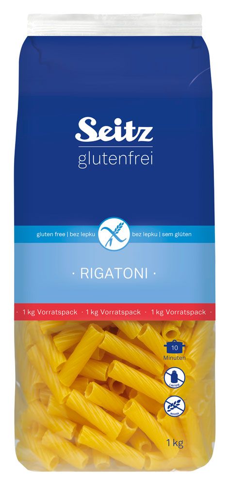 Verpackung mit Rigatoni-Nudeln. Marke Seitz glutenfrei. Enthält 1 kg. Kochzeit 10 Minuten. Glutenfrei.