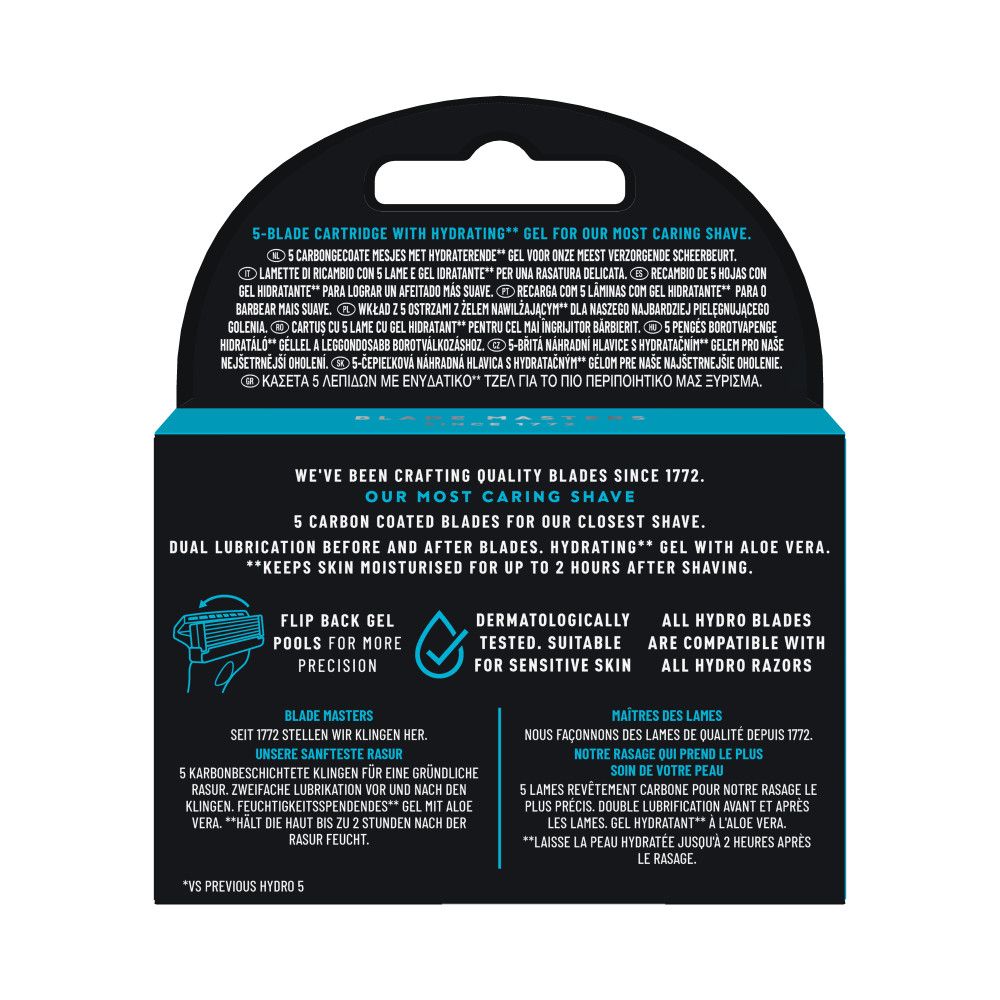Rückseite der Verpackung für Wilkinson Sword Hydro 5 Klingen. Beschreibt Merkmale wie 5 Klingen, Gel-Formel und Hautpflege.