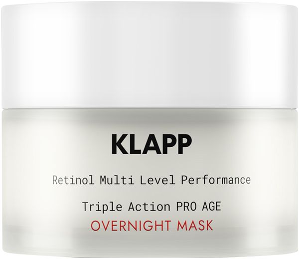 Weißes Tiegel mit Deckel. Aufschrift: KLAPP, Retinol Multi Level Performance, Triple Action PRO AGE, OVERNIGHT MASK.