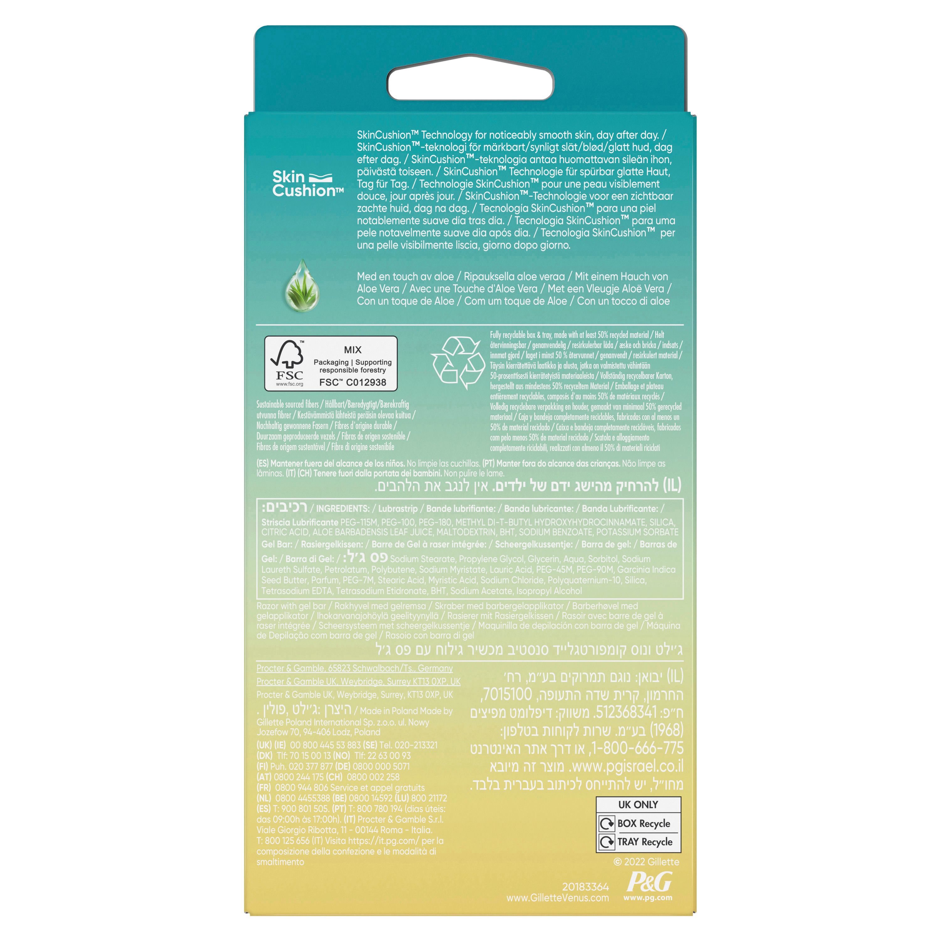 Rückseite der Verpackung. Text in mehreren Sprachen, darunter Deutsch. FSC-Zertifizierung und Recycling-Symbole.