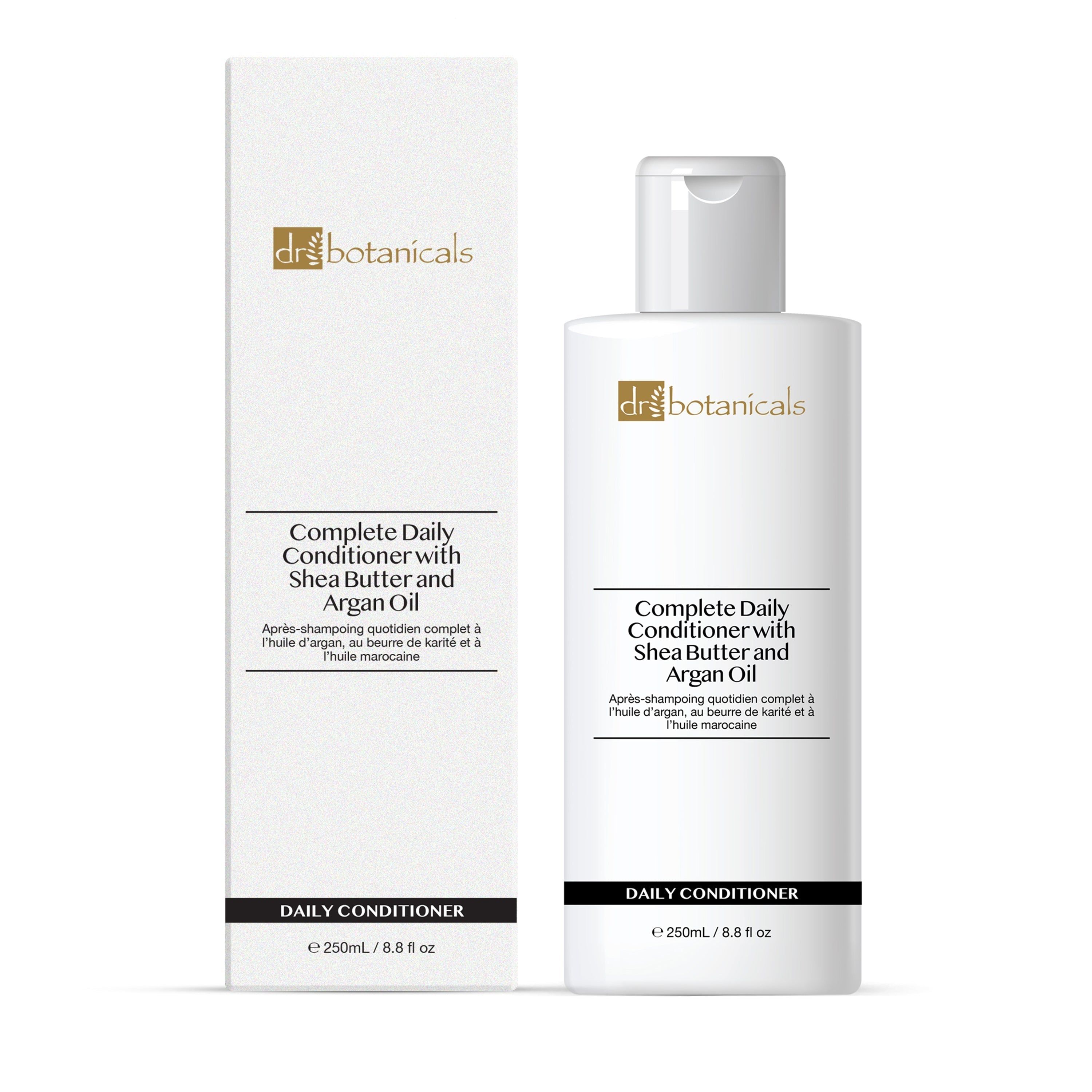 Produktverpackung mit Flasche und Karton. Text: Complete Daily Conditioner with Shea Butter and Argan Oil. Marke: dr. botanicals.