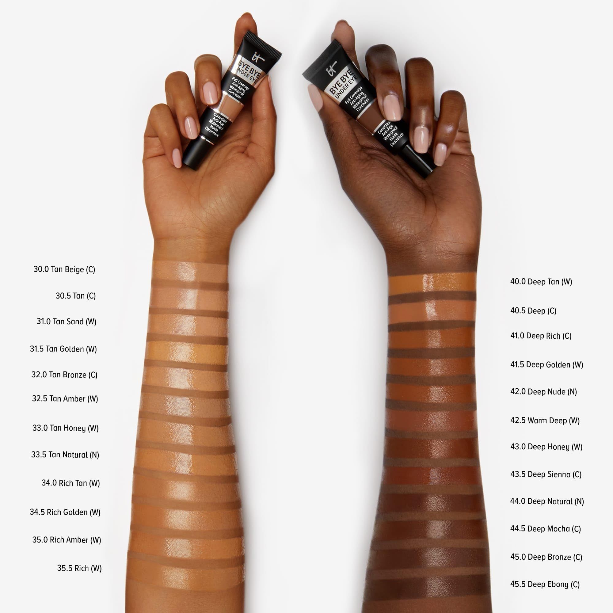 Zwei Hände mit Concealer-Farbtönen. Links: helle Hauttöne. Rechts: dunkle Hauttöne. Farbnummern und Namen sind sichtbar.