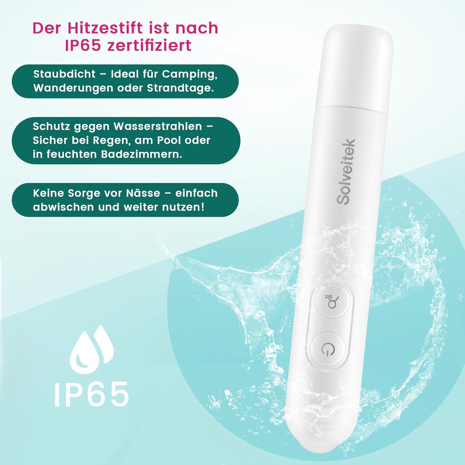 Weißer Insektenstichheiler mit IP65-Zertifizierung. Staubdicht, wasserstrahlgeschützt. Produktname: Solveitek.