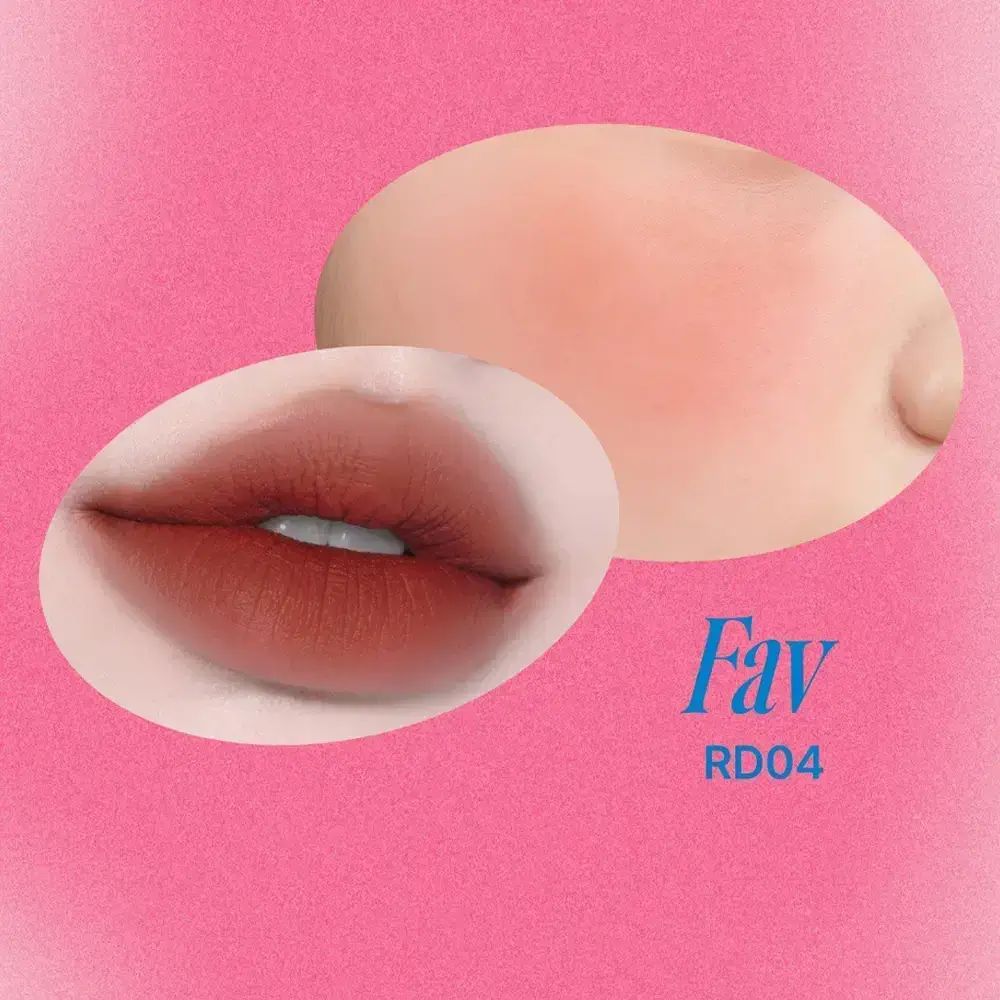 Lippen und Wangen in Rotbraun. Aufschrift Fav RD04. Rosa Hintergrund. Abgebildet sind Lippen und Wangen.