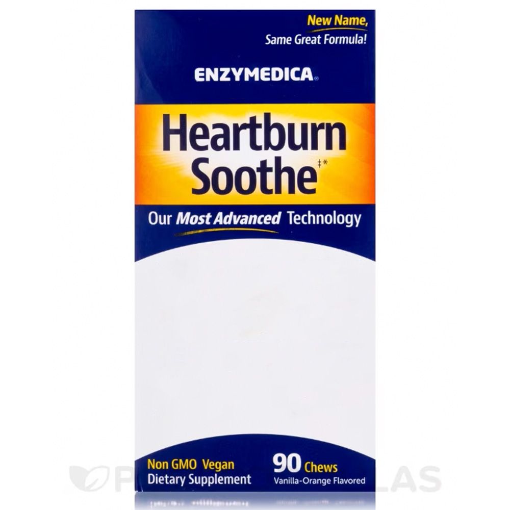 Schachtel mit "Heartburn Soothe"-Kautabletten. Enthält 90 Tabletten. Aufschrift: "Non GMO Vegan Dietary Supplement".