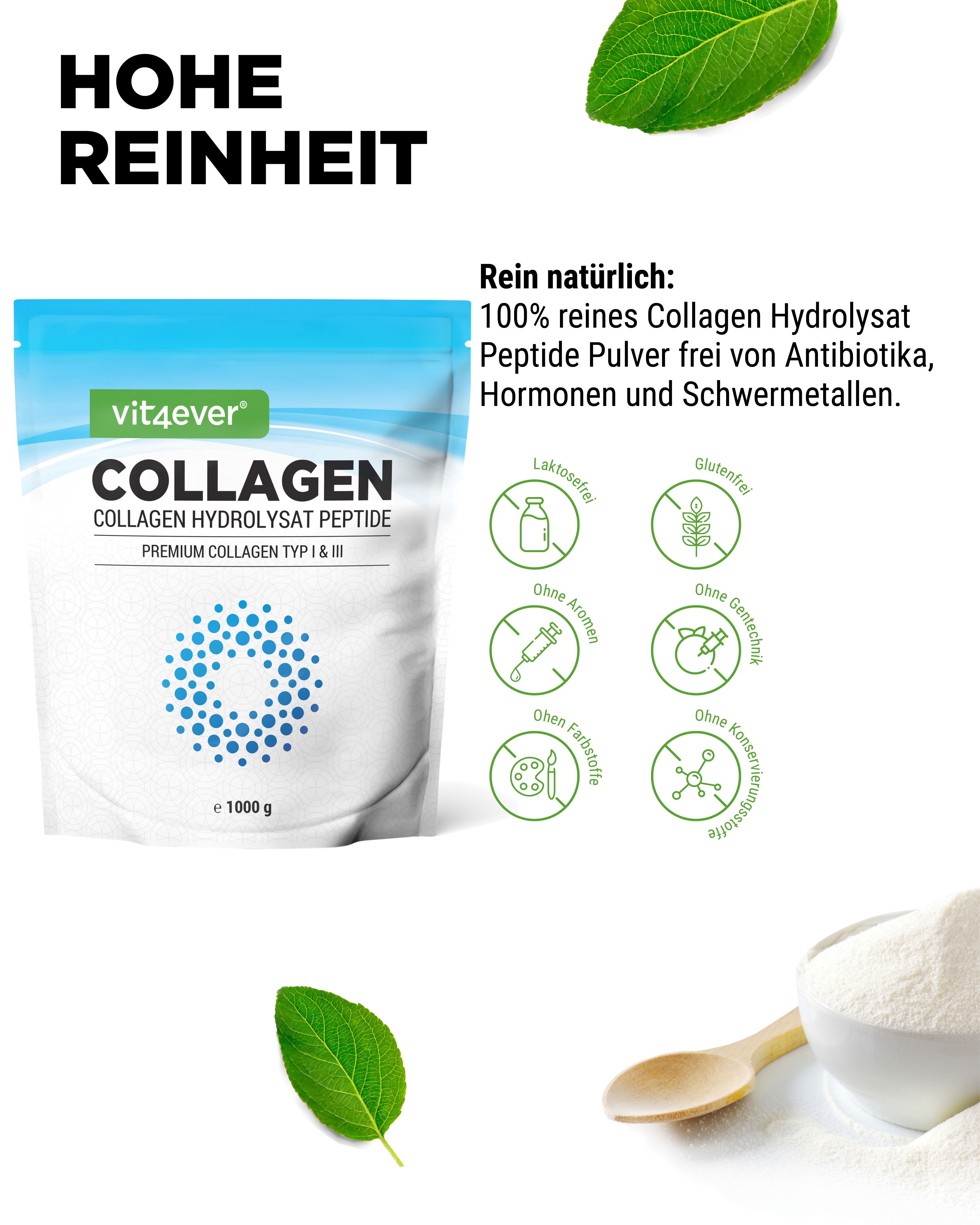 Beutel "vit4ever Collagen" mit Text "HOHE REINHEIT". Daneben Symbole: laktosefrei, glutenfrei, ohne Aromen, ohne Farbstoffe, ohne Konservierungsstoffe.