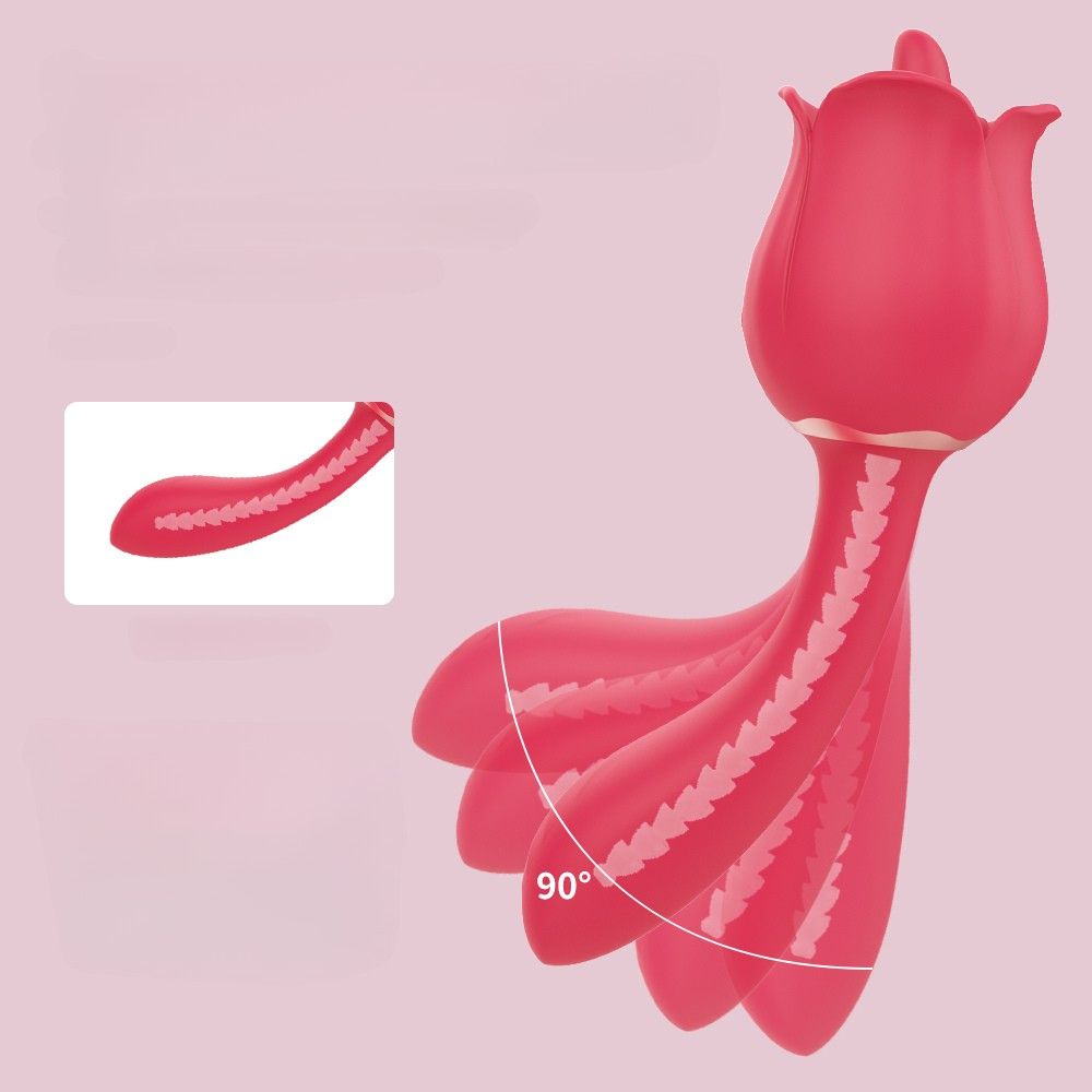 Roter Vibrator in Rosenform. Mit einem Stiel und einem blütenförmigen Kopf. Winkelansicht mit 90 Grad.